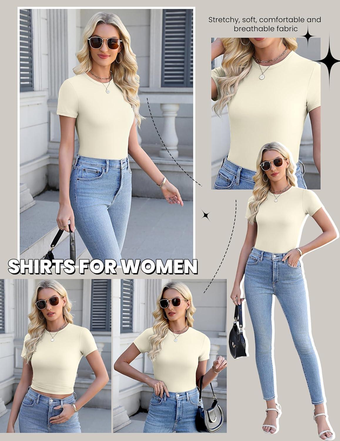 imageEkouaer Womens Short Sleeve Shirts 3 Pack Crew Neck Tops Slim Fit Basic Tees Trendy Clothes Base Layer3pcs Beige Beige Beige