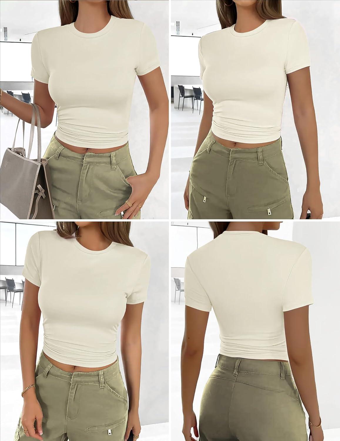imageEkouaer Womens Short Sleeve Shirts 3 Pack Crew Neck Tops Slim Fit Basic Tees Trendy Clothes Base Layer3pcs Beige Beige Beige