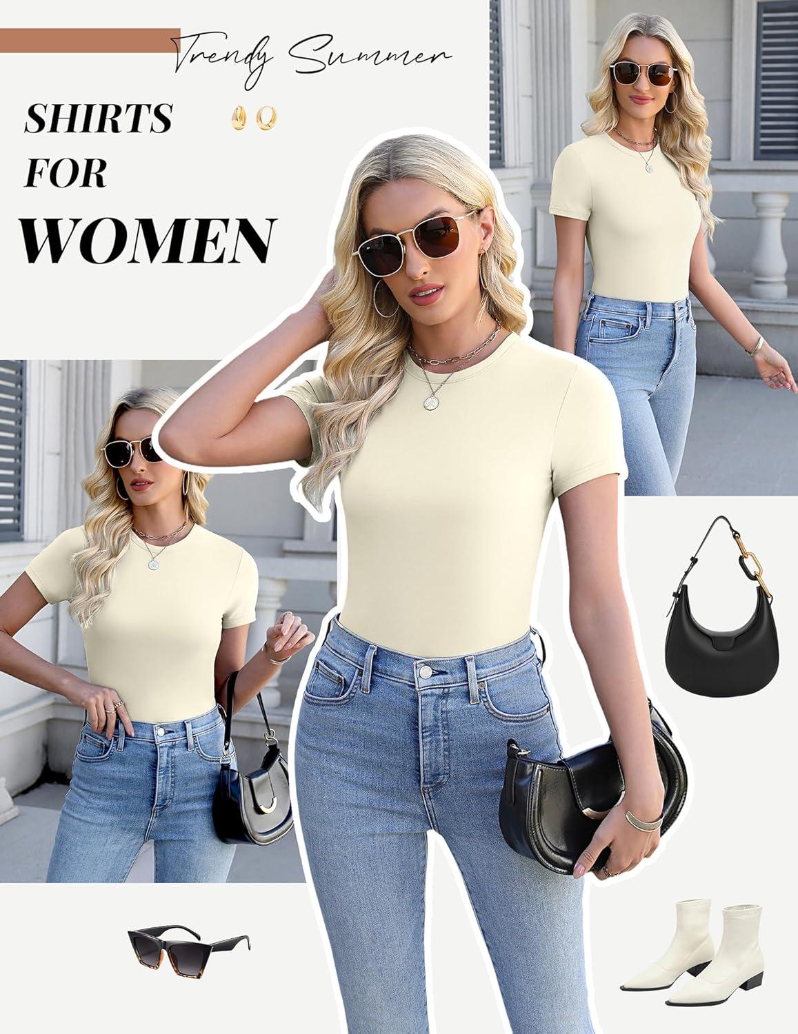 imageEkouaer Womens Short Sleeve Shirts 3 Pack Crew Neck Tops Slim Fit Basic Tees Trendy Clothes Base Layer3pcs Beige Beige Beige