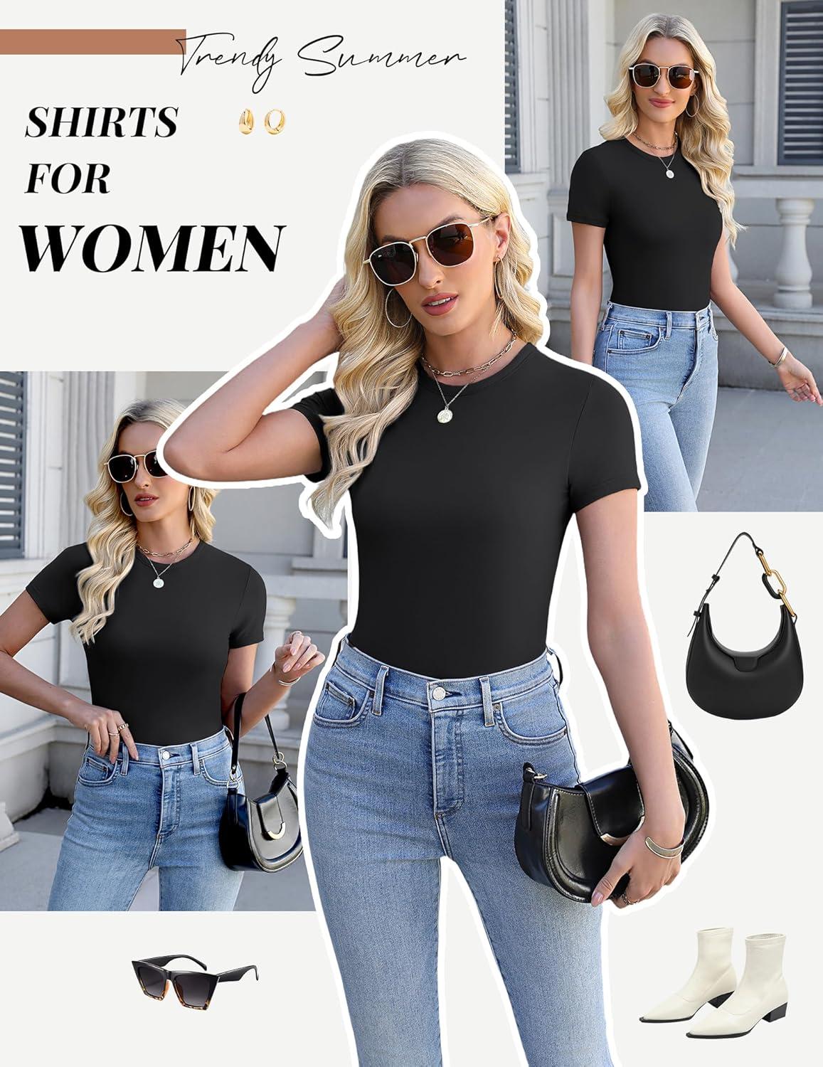 imageEkouaer Womens Short Sleeve Shirts 3 Pack Crew Neck Tops Slim Fit Basic Tees Trendy Clothes Base Layer3pcs Black Black Beige