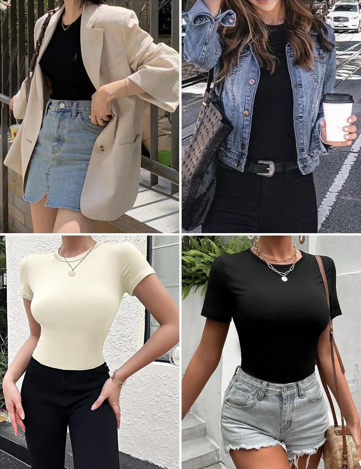 imageEkouaer Womens Short Sleeve Shirts 3 Pack Crew Neck Tops Slim Fit Basic Tees Trendy Clothes Base Layer3pcs Black Black Beige