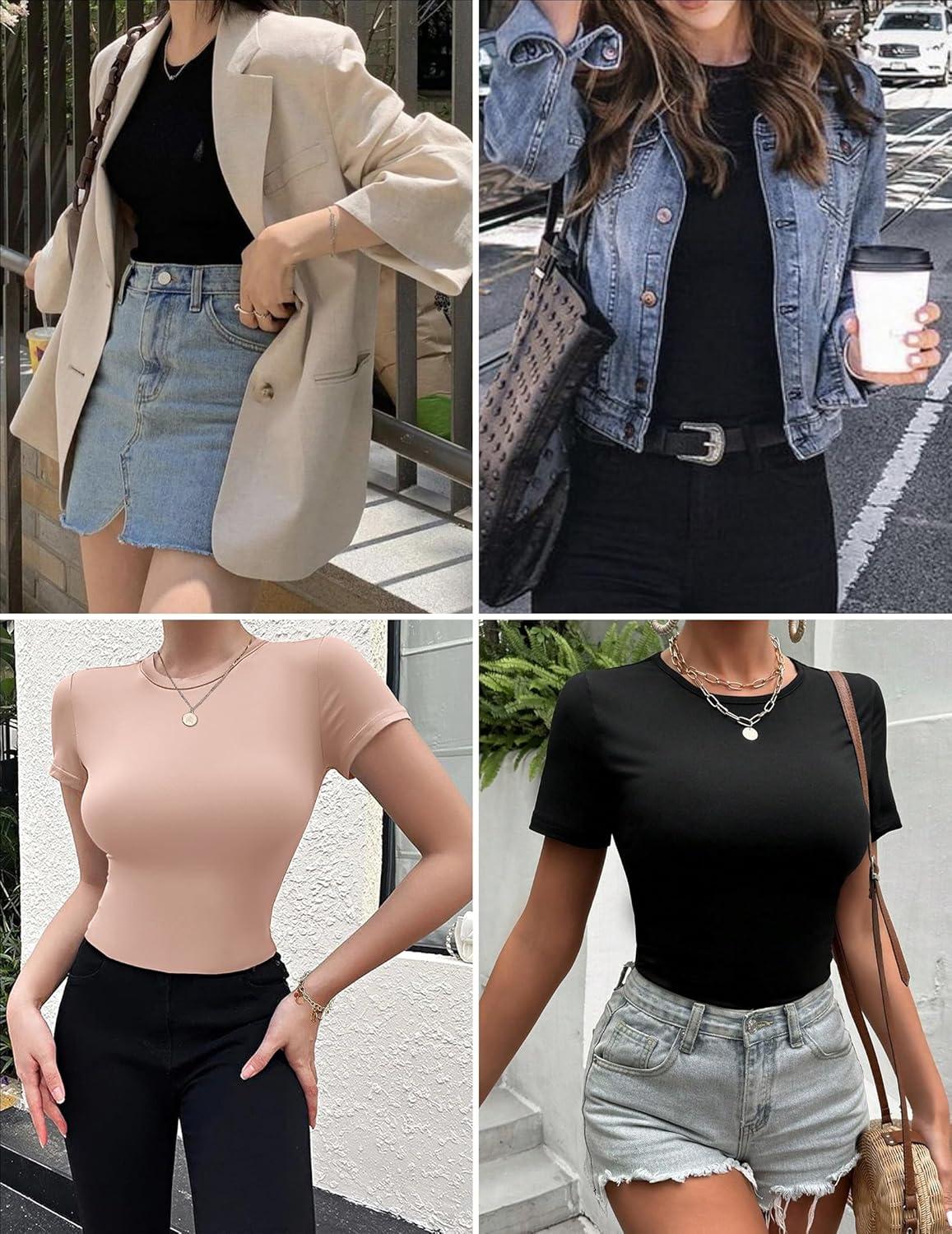 imageEkouaer Womens Short Sleeve Shirts 3 Pack Crew Neck Tops Slim Fit Basic Tees Trendy Clothes Base Layer3pcs Black Light Gray Dirty Pink