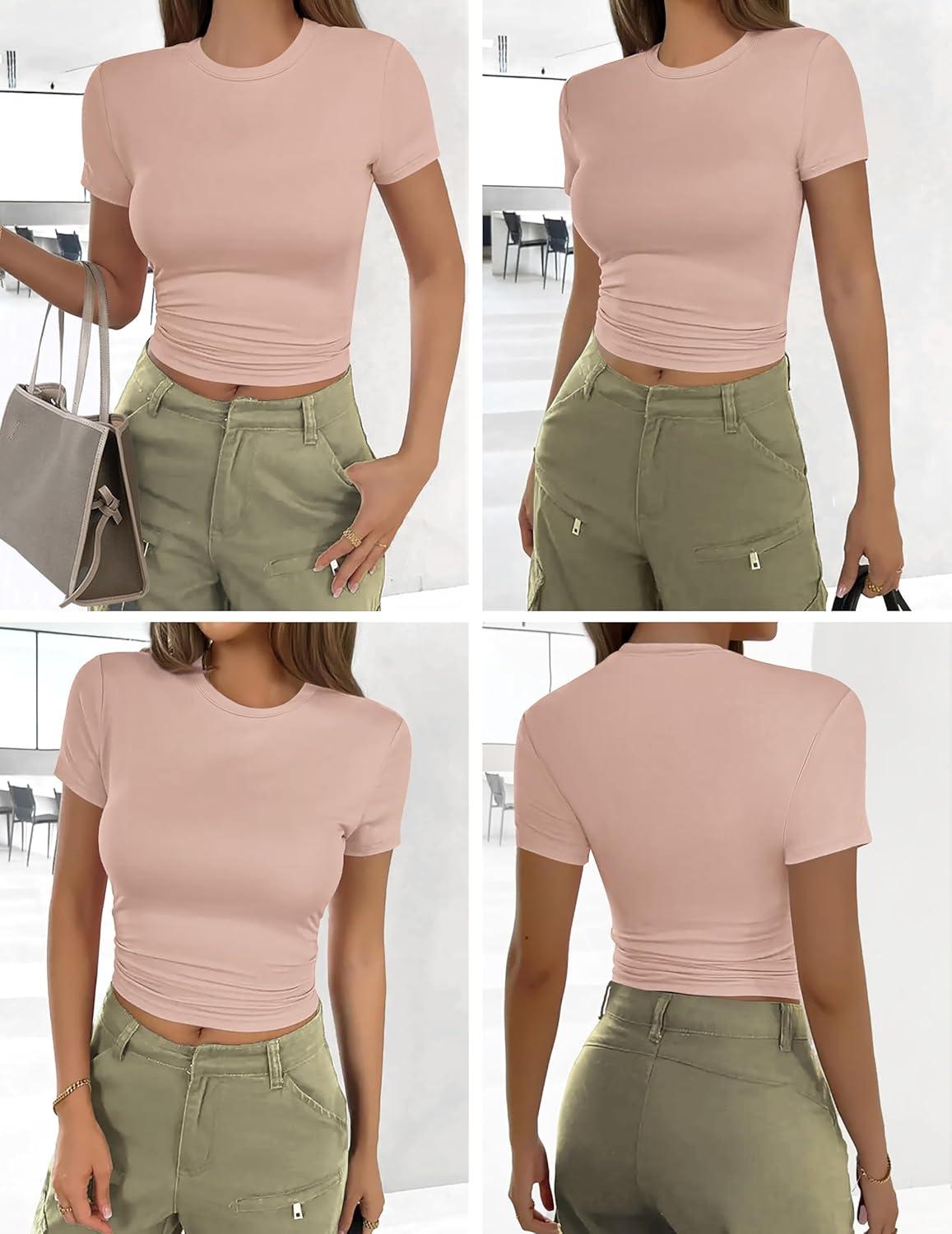 imageEkouaer Womens Short Sleeve Shirts 3 Pack Crew Neck Tops Slim Fit Basic Tees Trendy Clothes Base Layer3pcs Black Light Gray Dirty Pink