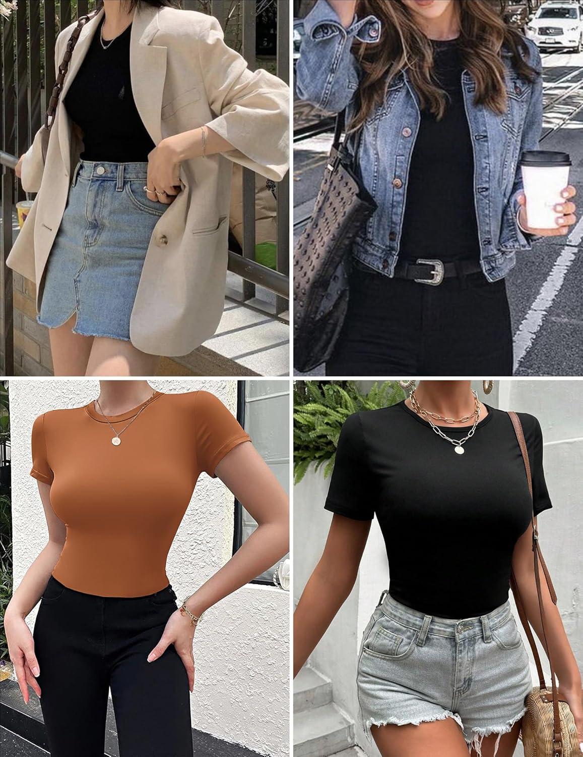 imageEkouaer Womens Short Sleeve Shirts 3 Pack Crew Neck Tops Slim Fit Basic Tees Trendy Clothes Base Layer3pcs Caramel Dark Gray Red