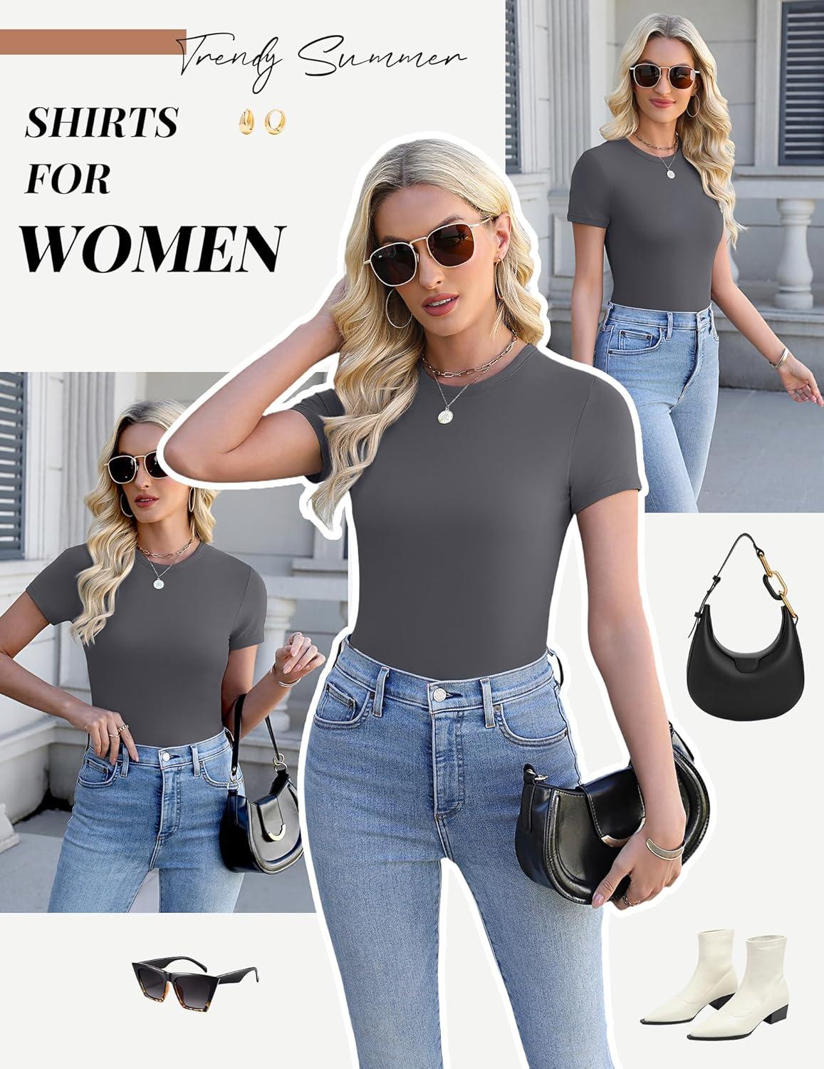 imageEkouaer Womens Short Sleeve Shirts 3 Pack Crew Neck Tops Slim Fit Basic Tees Trendy Clothes Base Layer3pcs Caramel Dark Gray Red