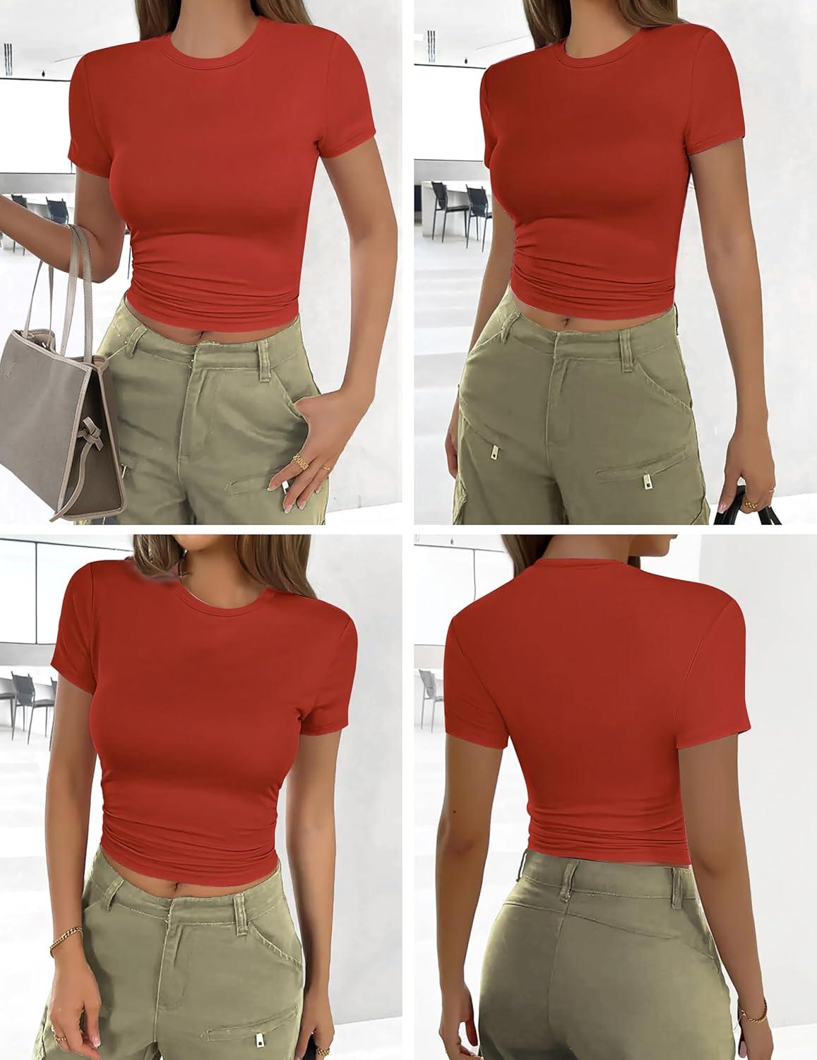 imageEkouaer Womens Short Sleeve Shirts 3 Pack Crew Neck Tops Slim Fit Basic Tees Trendy Clothes Base Layer3pcs Caramel Dark Gray Red