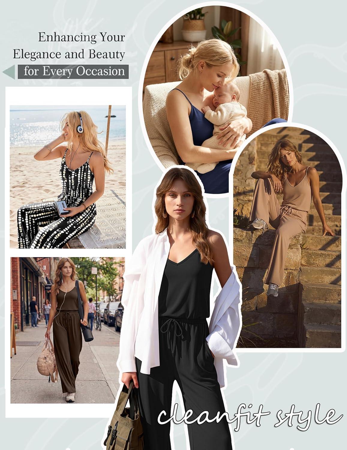 imageEkouaer Womens Summer Jumpsuits Dressy Sleeveless Wide Leg Long Pants Rompers Casual One Piece Outfits with PocketsGreen