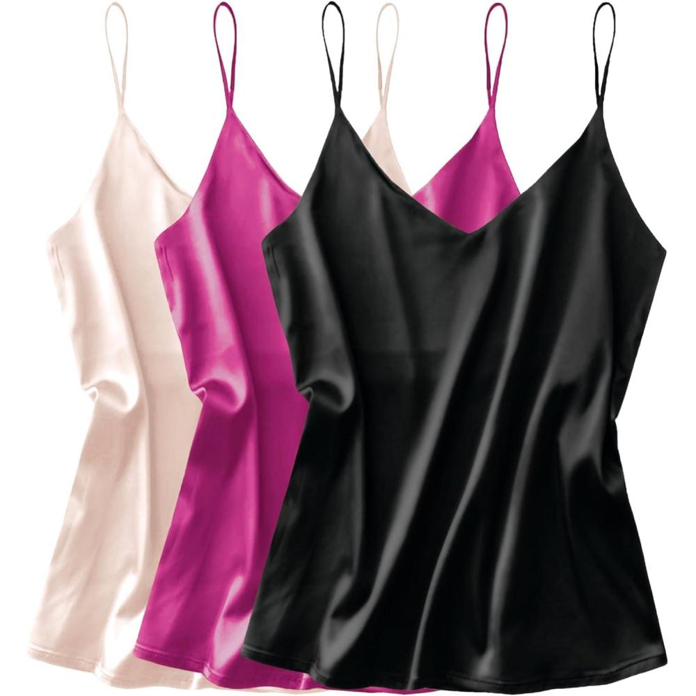 imageEkouaer 3 Pack Womens Silk Satin Tank Top V Neck Camisole Cami Spaghetti Strap Top Loose Sleeveless Blouses Tank ShirtBlackChampagneRose Red