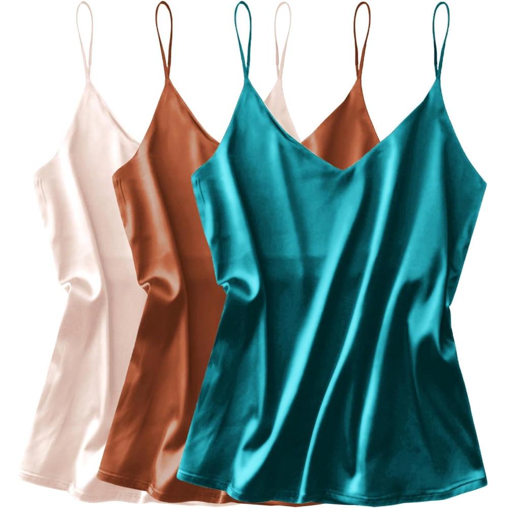 imageEkouaer 3 Pack Womens Silk Satin Tank Top V Neck Camisole Cami Spaghetti Strap Top Loose Sleeveless Blouses Tank ShirtKhakiChampagneDark Green