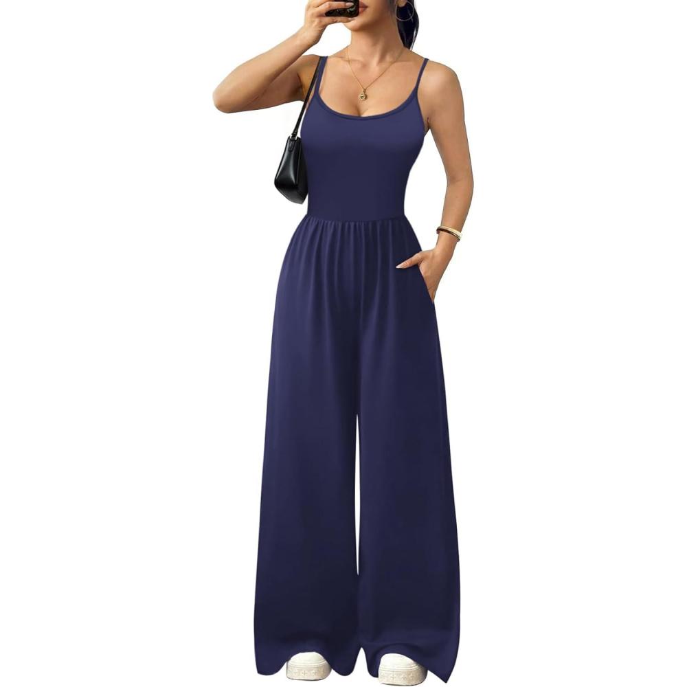 imageEkouaer Jumpsuits for Women Sleeveless Spaghetti Strap Womens Jumpsuit One Piece Wide Leg Summer Romper With Pockets 2026Navy Blue