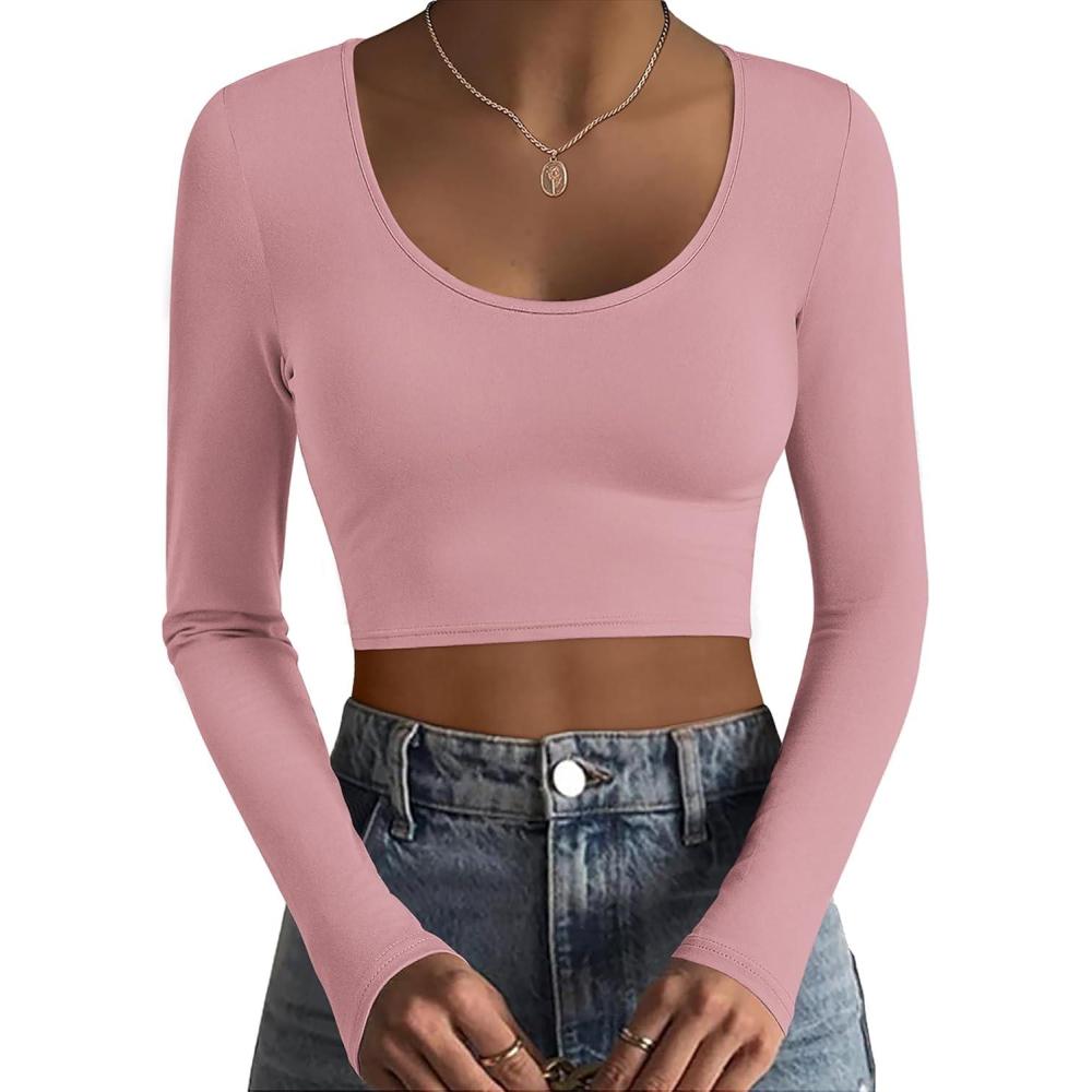 imageEkouaer Long Sleeve Crop Tops for Women Scroop Neck Lightweight Basic Base Layer Thermal Undershirts ShirtsA Dusty Rose