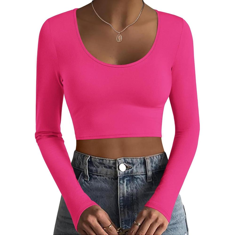 imageEkouaer Long Sleeve Crop Tops for Women Scroop Neck Lightweight Basic Base Layer Thermal Undershirts ShirtsA Hot Pink
