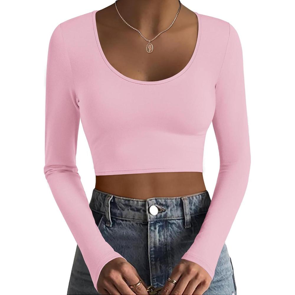 imageEkouaer Long Sleeve Crop Tops for Women Scroop Neck Lightweight Basic Base Layer Thermal Undershirts ShirtsA Light Pink