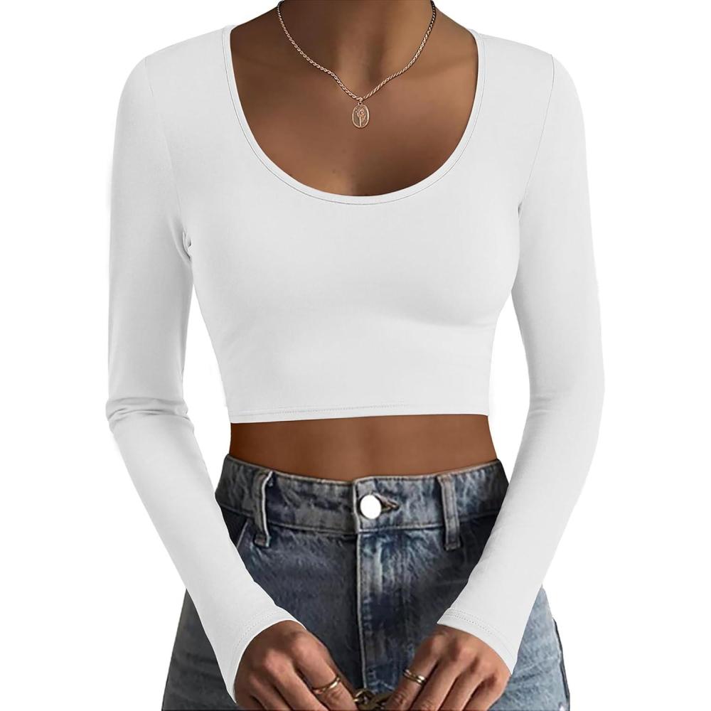 imageEkouaer Long Sleeve Crop Tops for Women Scroop Neck Lightweight Basic Base Layer Thermal Undershirts ShirtsA White