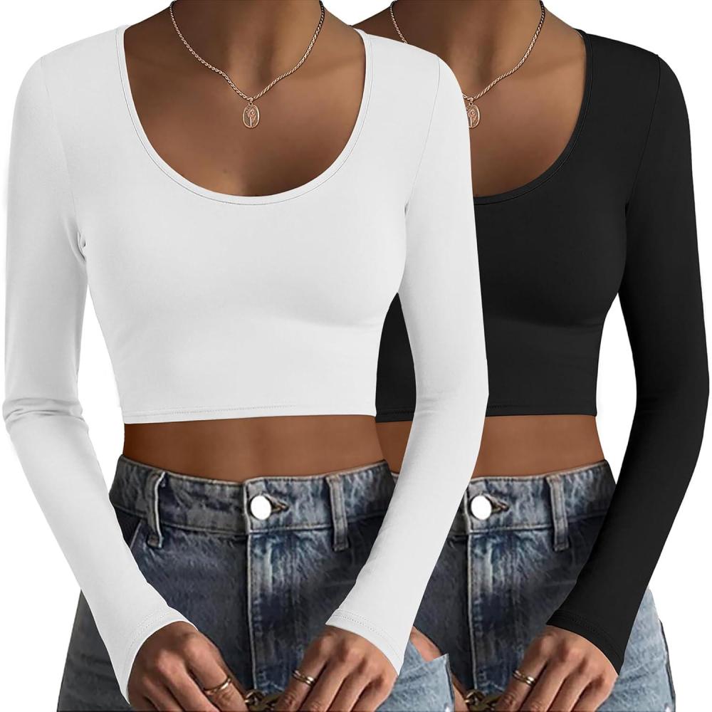 imageEkouaer Long Sleeve Crop Tops for Women Scroop Neck Lightweight Basic Base Layer Thermal Undershirts ShirtsBlackWhite