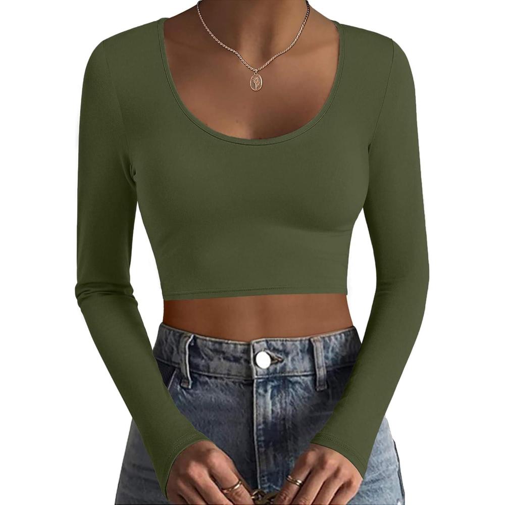imageEkouaer Long Sleeve Crop Tops for Women Scroop Neck Lightweight Basic Base Layer Thermal Undershirts ShirtsOlive Green