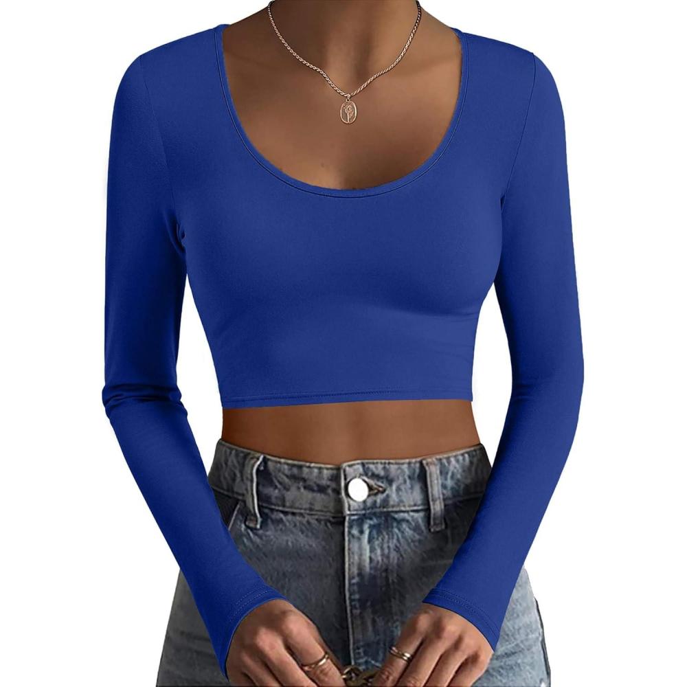 imageEkouaer Long Sleeve Crop Tops for Women Scroop Neck Lightweight Basic Base Layer Thermal Undershirts ShirtsRoyal Blue