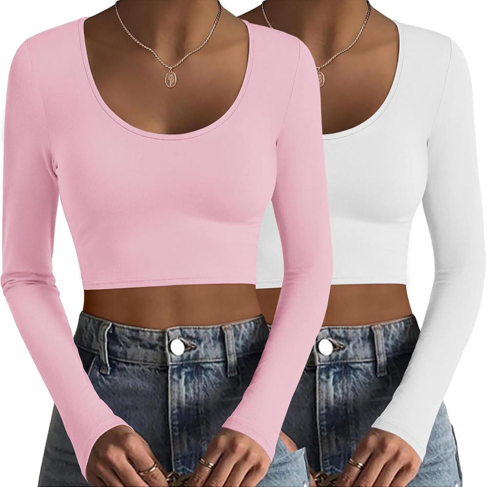 imageEkouaer Long Sleeve Crop Tops for Women Scroop Neck Lightweight Basic Base Layer Thermal Undershirts ShirtsWhitePink