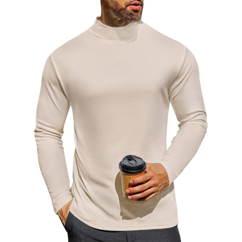 imageEkouaer Mens Mock Turtleneck Long Sleeve Turtle Neck Tops Lightweight Undershirt Thermal Sweater ShirtsChampagne Beige