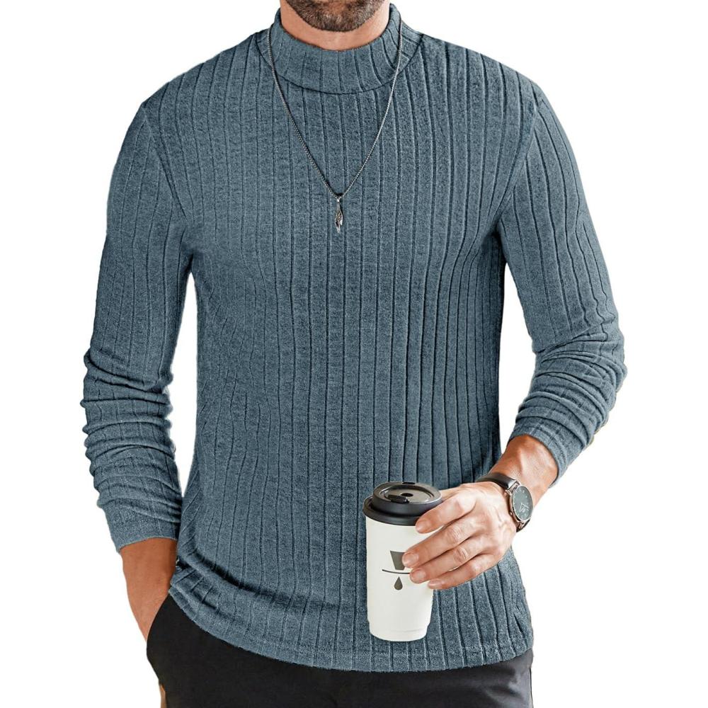 imageEkouaer Mens Mock Turtleneck Shirts Long Sleeve Underwear Tops Fleece Ribbed Knit Pullover Sweater Basic Thermal SweatshirtsDark Blue