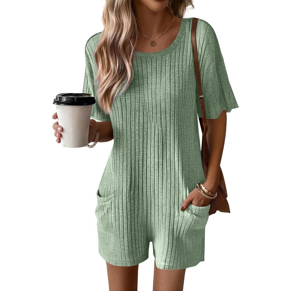 imageEkouaer Rompers for Women Casual Ribbed Short Sleeve TShirt Tee Romper Summer Outfits with Pockets 2026Celadon Green