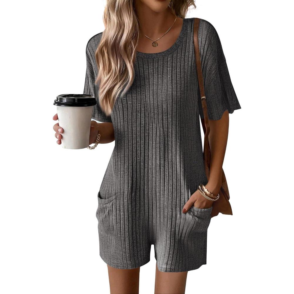 imageEkouaer Rompers for Women Casual Ribbed Short Sleeve TShirt Tee Romper Summer Outfits with Pockets 2026Dark Grey
