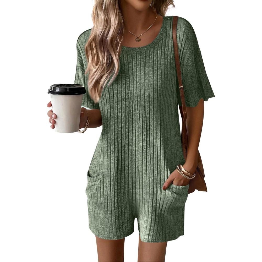 imageEkouaer Rompers for Women Casual Ribbed Short Sleeve TShirt Tee Romper Summer Outfits with Pockets 2026Green