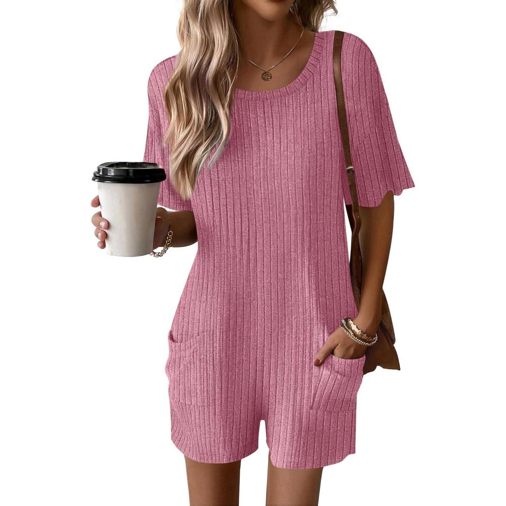 imageEkouaer Rompers for Women Casual Ribbed Short Sleeve TShirt Tee Romper Summer Outfits with Pockets 2026Hot Pink