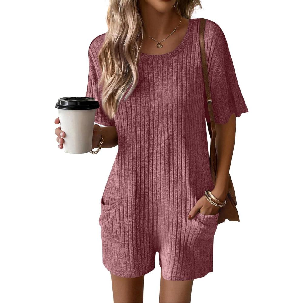 imageEkouaer Rompers for Women Casual Ribbed Short Sleeve TShirt Tee Romper Summer Outfits with Pockets 2026Maroon
