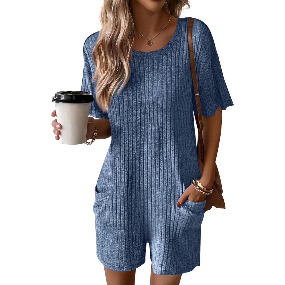 imageEkouaer Rompers for Women Casual Ribbed Short Sleeve TShirt Tee Romper Summer Outfits with Pockets 2026Snorkel Blue