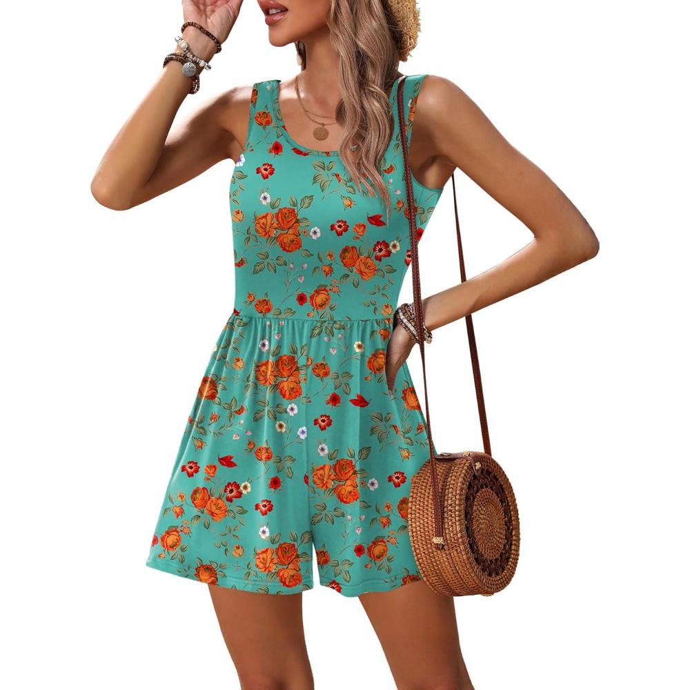 imageEkouaer Rompers for Women Summer Romper Sleeveless Scoop Neck Short Jumpsuits for Women Beach Jumpsuit with Pockets 2026Blue Orange Floral