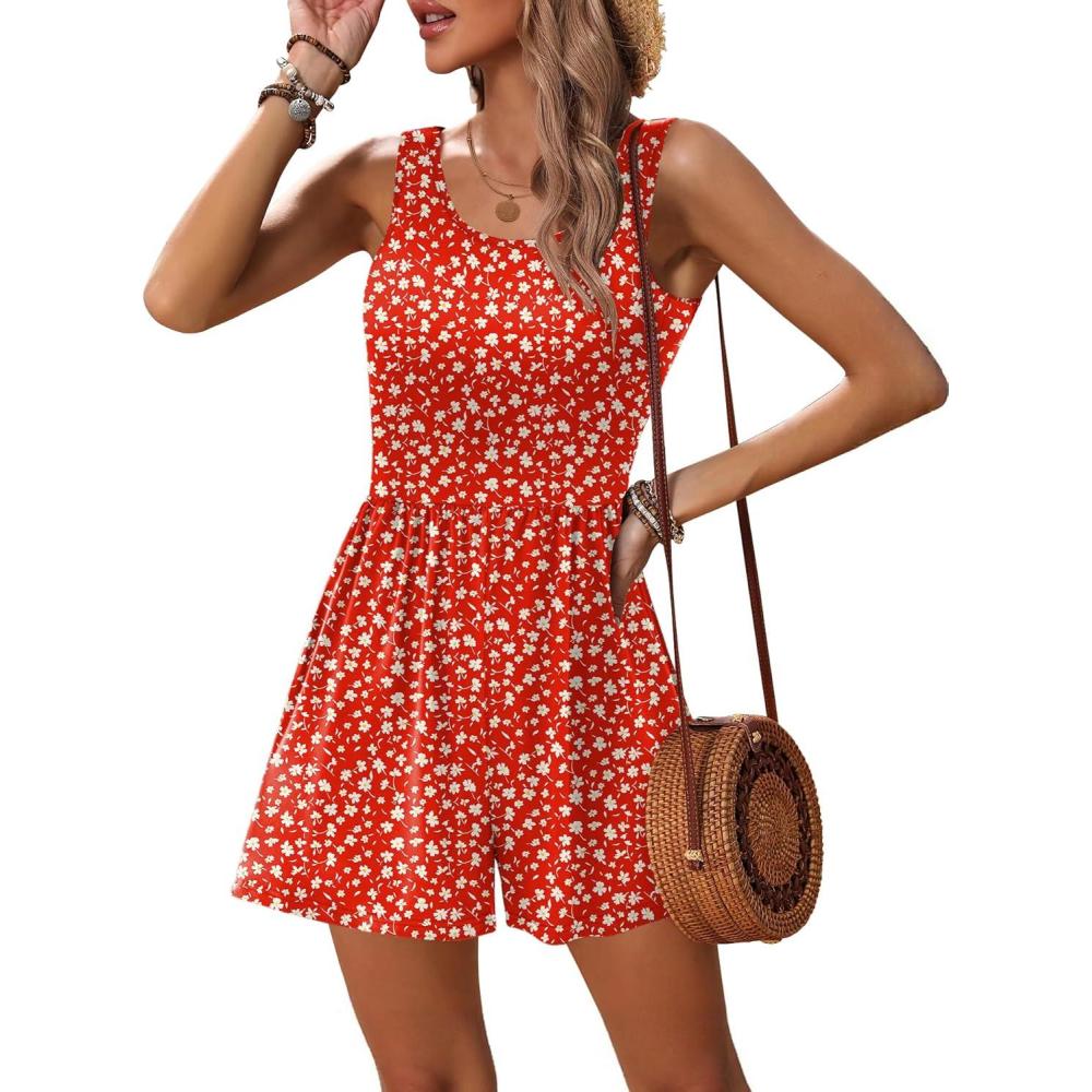 imageEkouaer Rompers for Women Summer Romper Sleeveless Scoop Neck Short Jumpsuits for Women Beach Jumpsuit with Pockets 2026Red Floral