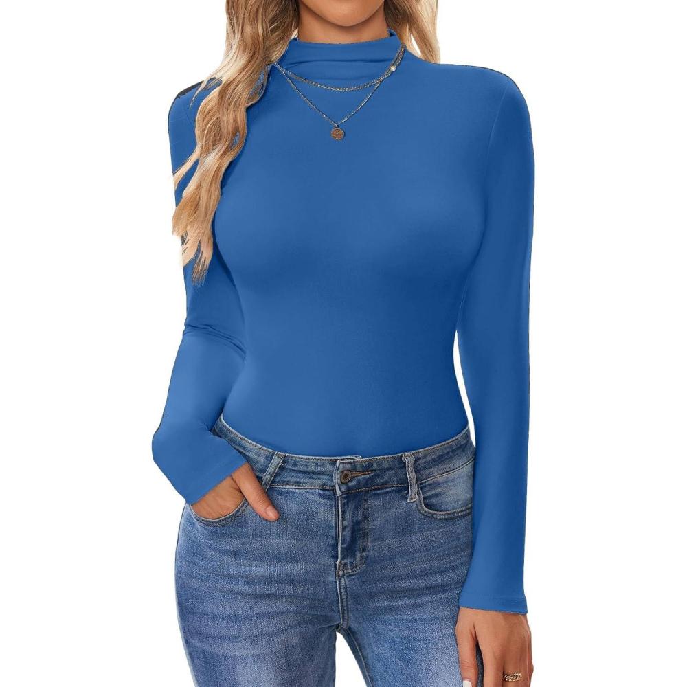 imageEkouaer Turtleneck Shirt Women Long Sleeve Mock Neck Slim Fit Tops Thermal Base Layer Soft Lightweight Stretch UndershirtsBright Blue