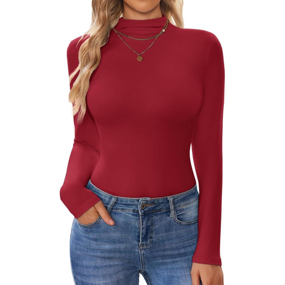 imageEkouaer Turtleneck Shirt Women Long Sleeve Mock Neck Slim Fit Tops Thermal Base Layer Soft Lightweight Stretch UndershirtsDark Red