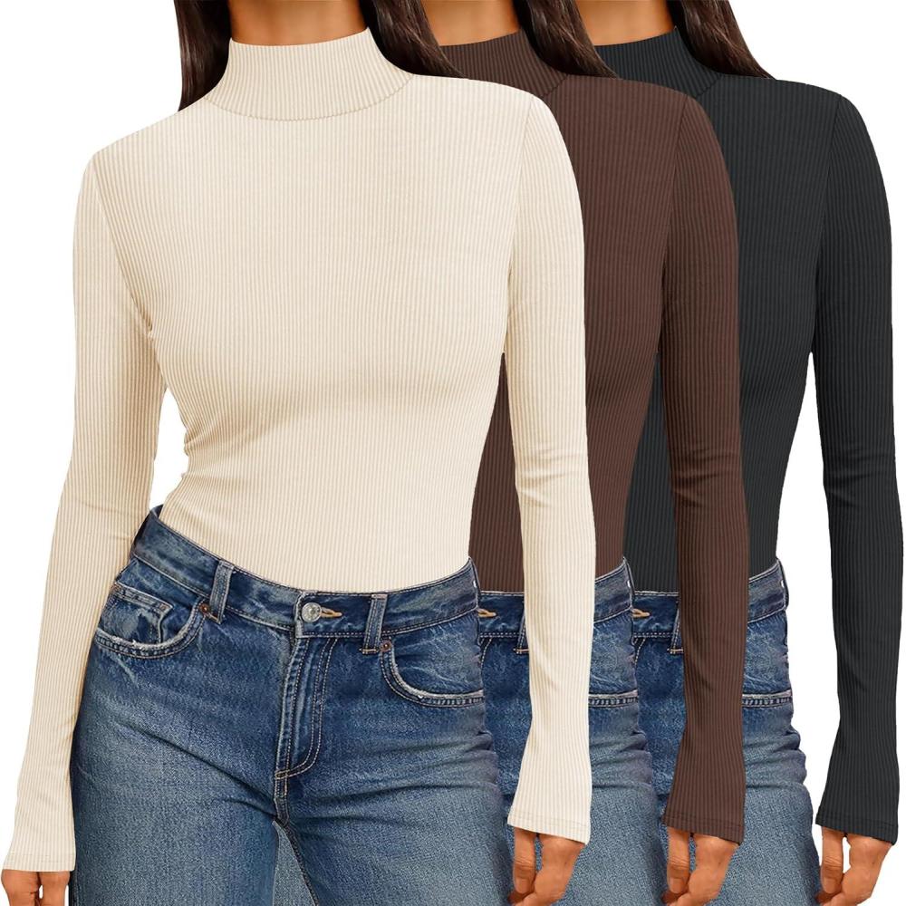 imageEkouaer Women 3 Pack Turtleneck Shirts Ribbed Thermal Underwear Tops Lightweight Long Sleeve Layer Tees Basic Pullover BlouseBlackBeigeBrown