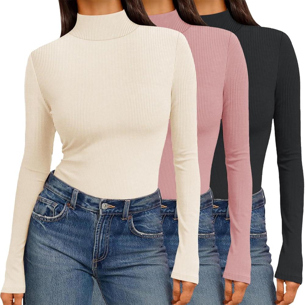 imageEkouaer Women 3 Pack Turtleneck Shirts Ribbed Thermal Underwear Tops Lightweight Long Sleeve Layer Tees Basic Pullover BlouseBlackBeigeDirty Pink
