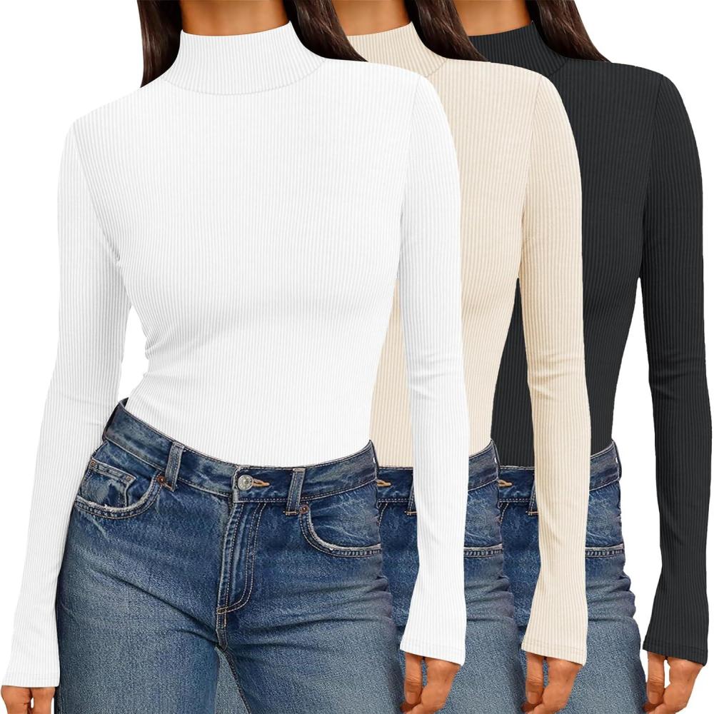 imageEkouaer Women 3 Pack Turtleneck Shirts Ribbed Thermal Underwear Tops Lightweight Long Sleeve Layer Tees Basic Pullover BlouseBlackBeigeWhite