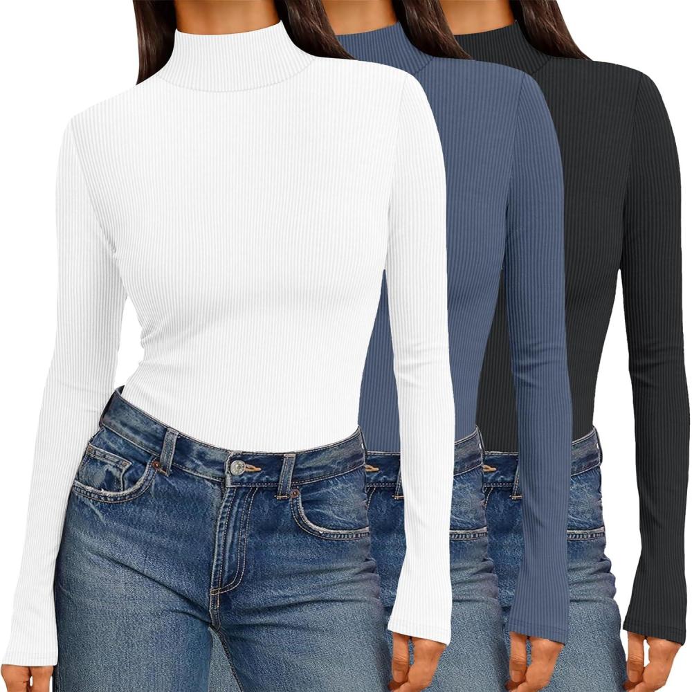 imageEkouaer Women 3 Pack Turtleneck Shirts Ribbed Thermal Underwear Tops Lightweight Long Sleeve Layer Tees Basic Pullover BlouseBlackBlue GreyWhite