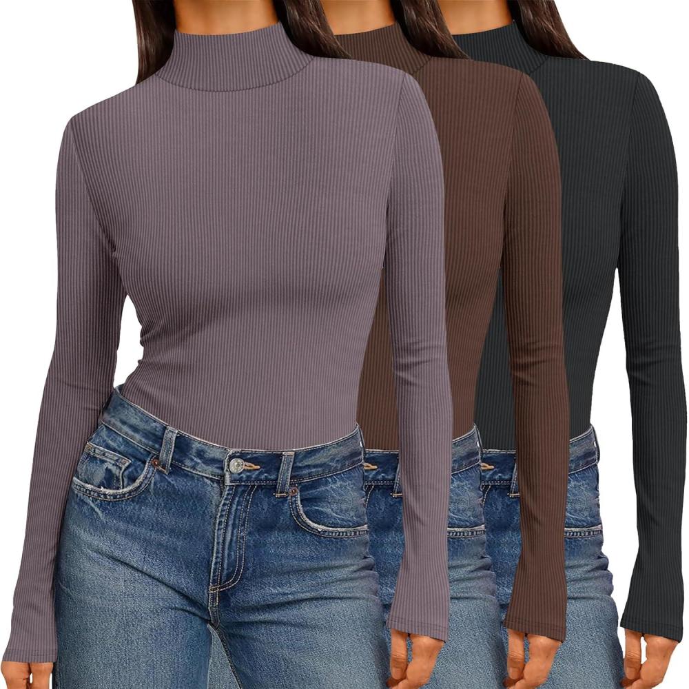 imageEkouaer Women 3 Pack Turtleneck Shirts Ribbed Thermal Underwear Tops Lightweight Long Sleeve Layer Tees Basic Pullover BlouseBlackBrownDark Grey