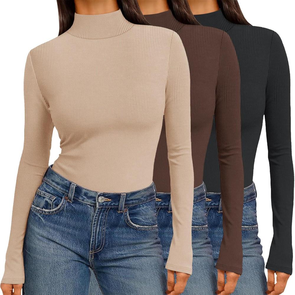 imageEkouaer Women 3 Pack Turtleneck Shirts Ribbed Thermal Underwear Tops Lightweight Long Sleeve Layer Tees Basic Pullover BlouseBlackBrownKhaki