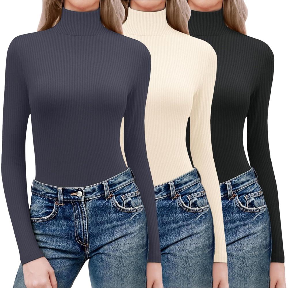 imageEkouaer Women 3 Pack Turtleneck Shirts Ribbed Thermal Underwear Tops Lightweight Long Sleeve Layer Tees Basic Pullover BlouseBlackDeep GreyBeige