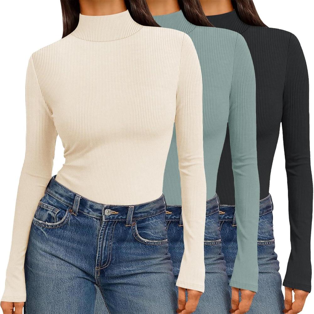 imageEkouaer Women 3 Pack Turtleneck Shirts Ribbed Thermal Underwear Tops Lightweight Long Sleeve Layer Tees Basic Pullover BlouseBlackGreen GreyBeige