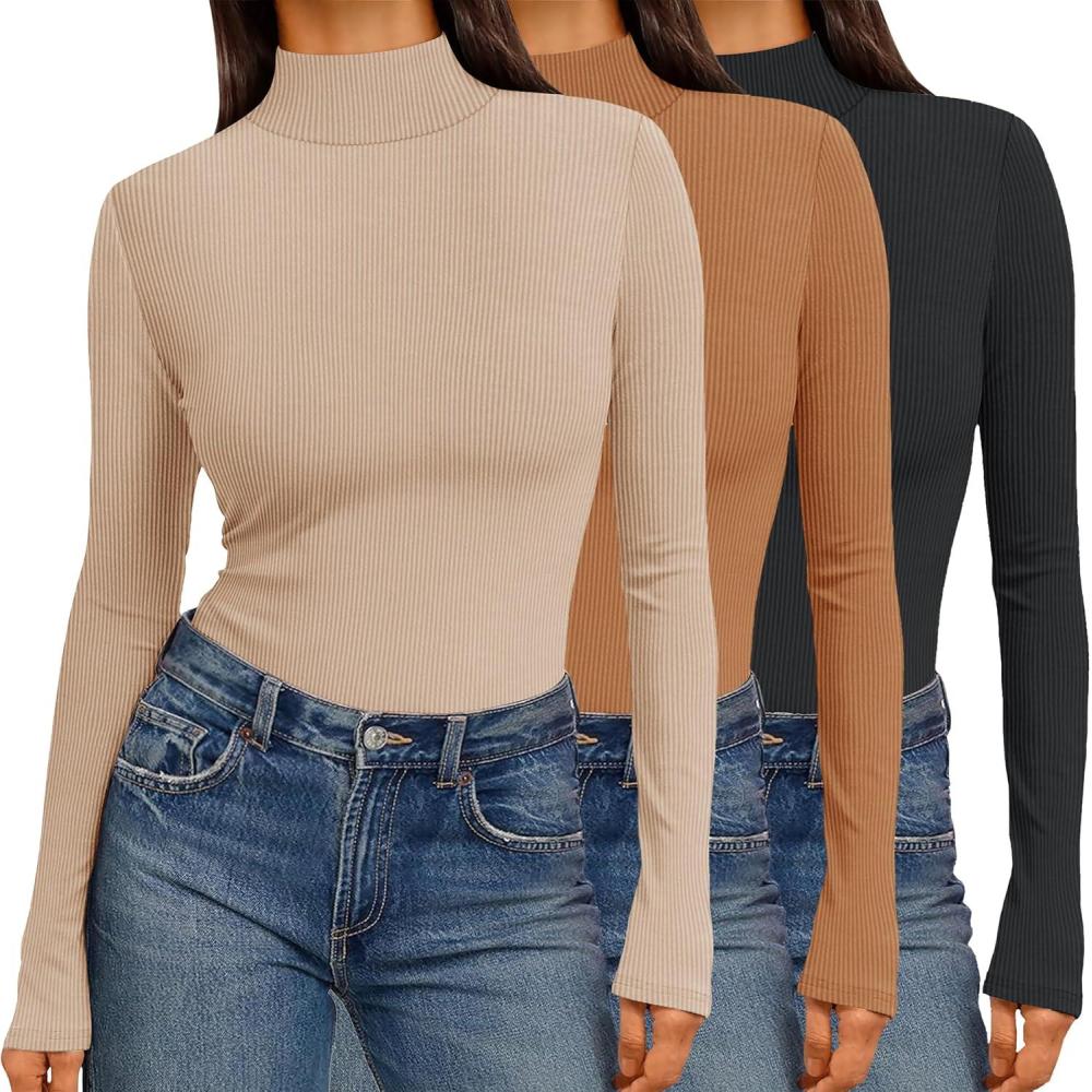 imageEkouaer Women 3 Pack Turtleneck Shirts Ribbed Thermal Underwear Tops Lightweight Long Sleeve Layer Tees Basic Pullover BlouseBlackLight BrownKhaki
