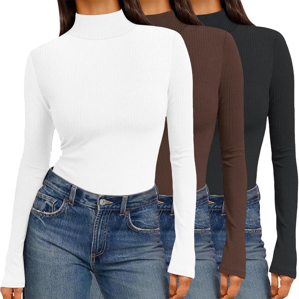 imageEkouaer Women 3 Pack Turtleneck Shirts Ribbed Thermal Underwear Tops Lightweight Long Sleeve Layer Tees Basic Pullover BlouseBlackWhiteBrown