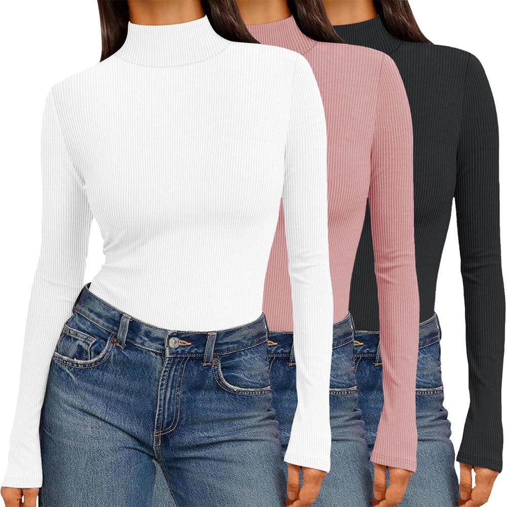 imageEkouaer Women 3 Pack Turtleneck Shirts Ribbed Thermal Underwear Tops Lightweight Long Sleeve Layer Tees Basic Pullover BlouseBlackWhiteDirty Pink