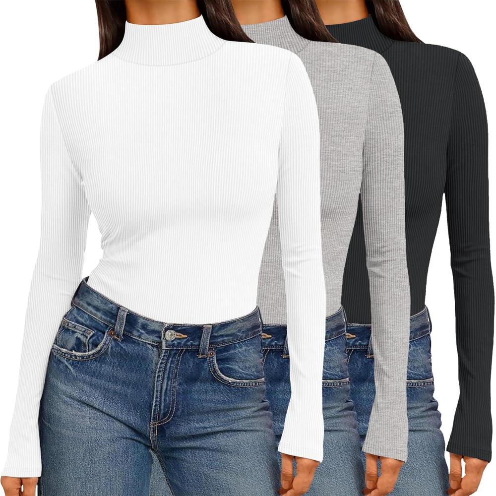 imageEkouaer Women 3 Pack Turtleneck Shirts Ribbed Thermal Underwear Tops Lightweight Long Sleeve Layer Tees Basic Pullover BlouseBlackWhiteLight Grey