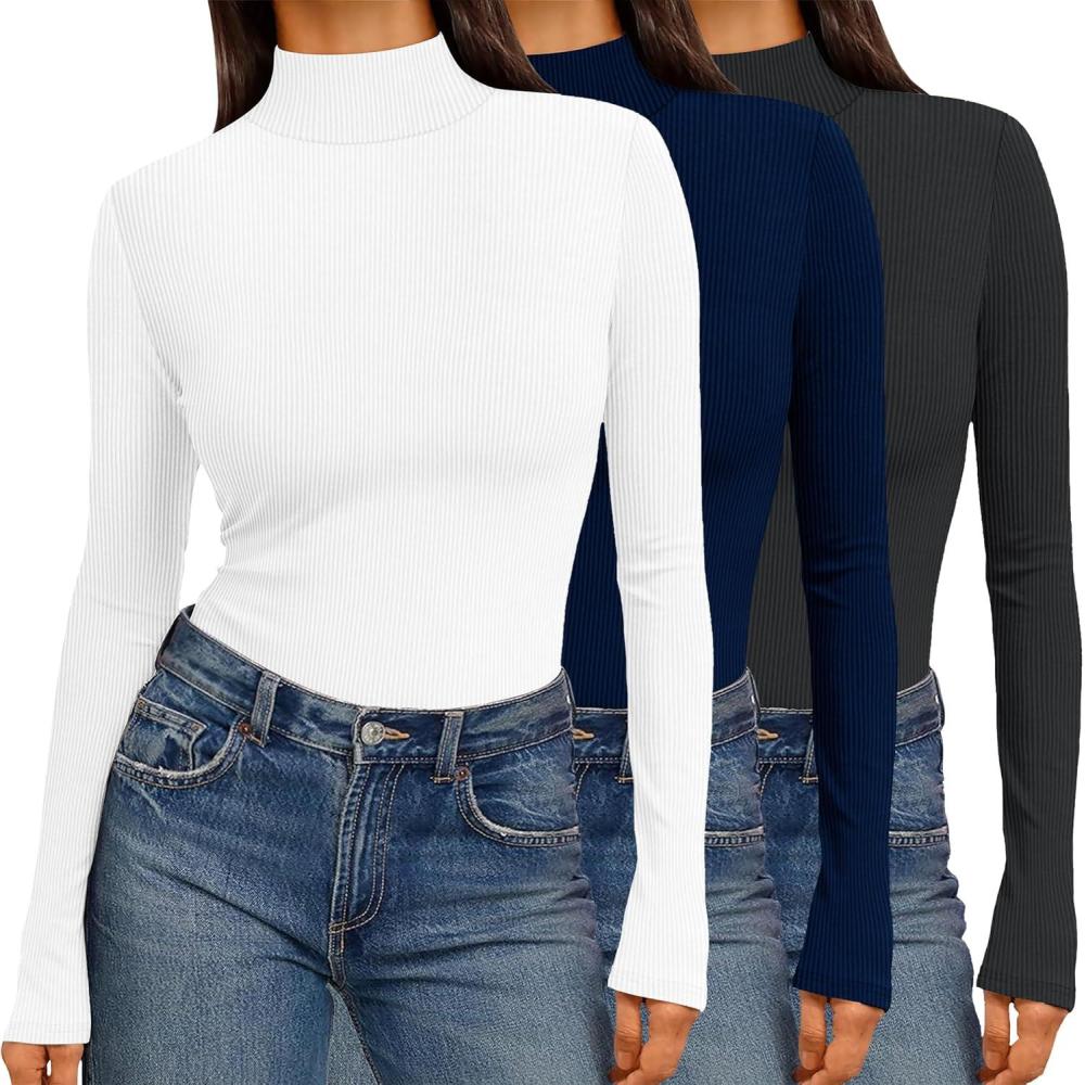 imageEkouaer Women 3 Pack Turtleneck Shirts Ribbed Thermal Underwear Tops Lightweight Long Sleeve Layer Tees Basic Pullover BlouseBlackWhiteNavy Blue