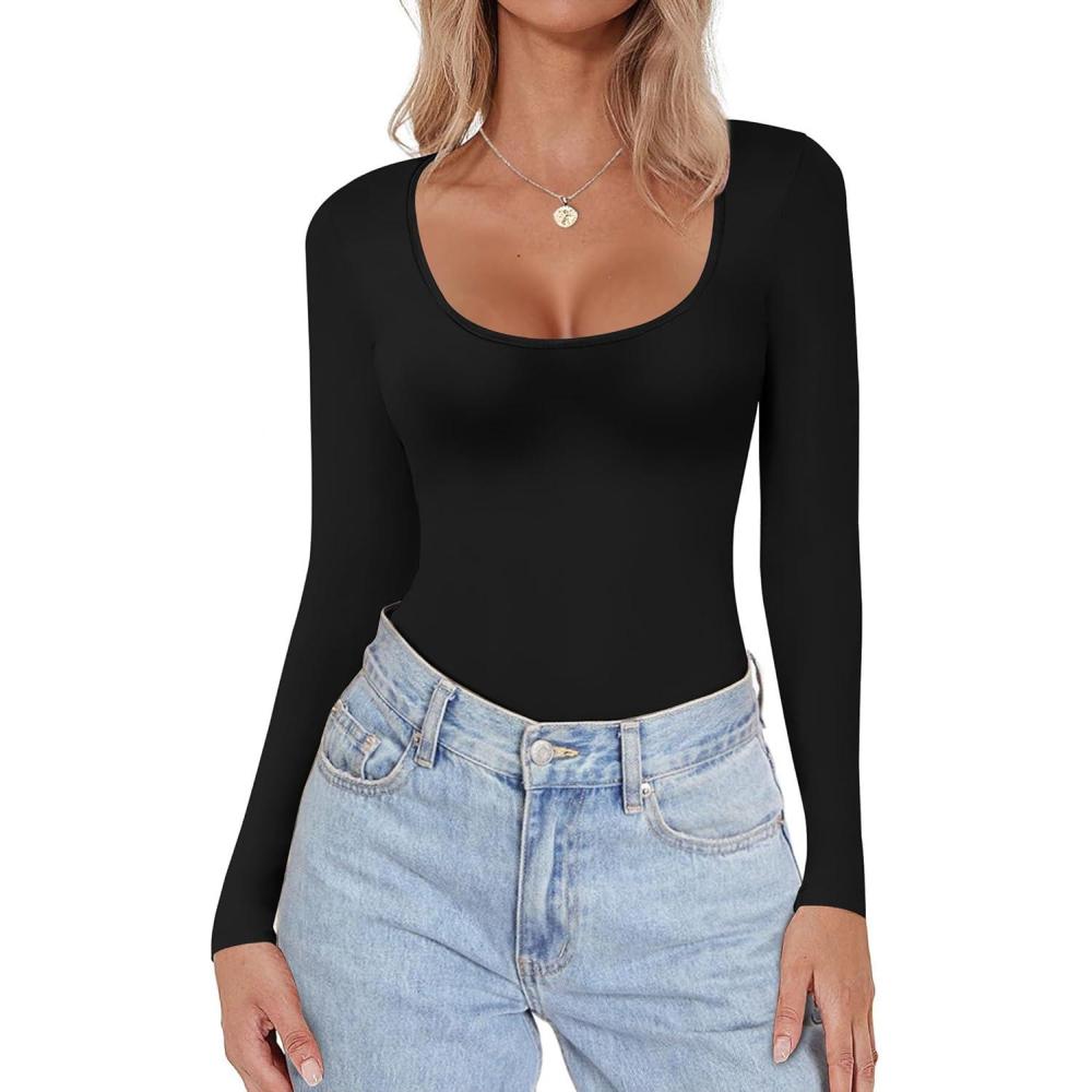 imageEkouaer Women Long Sleeve Shirt Scoop Neck Tops Slim Fit Basic Top Thermal Undershirts Base Layer TeeBlack