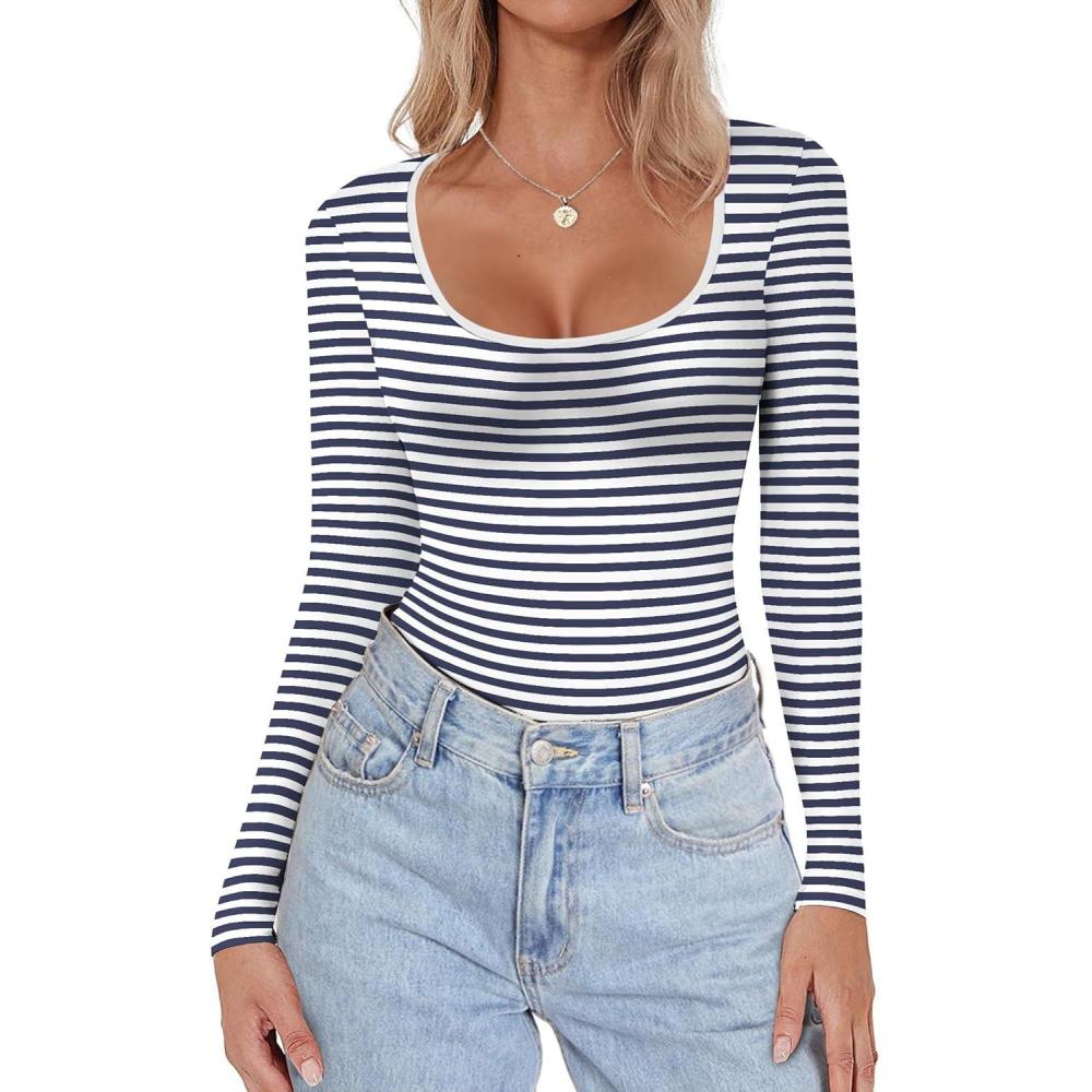 imageEkouaer Women Long Sleeve Shirt Scoop Neck Tops Slim Fit Basic Top Thermal Undershirts Base Layer TeeBlack Blue Stripe