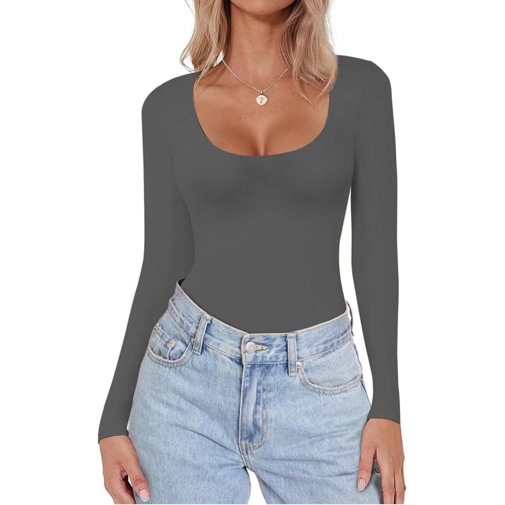 imageEkouaer Women Long Sleeve Shirt Scoop Neck Tops Slim Fit Basic Top Thermal Undershirts Base Layer TeeDark Grey